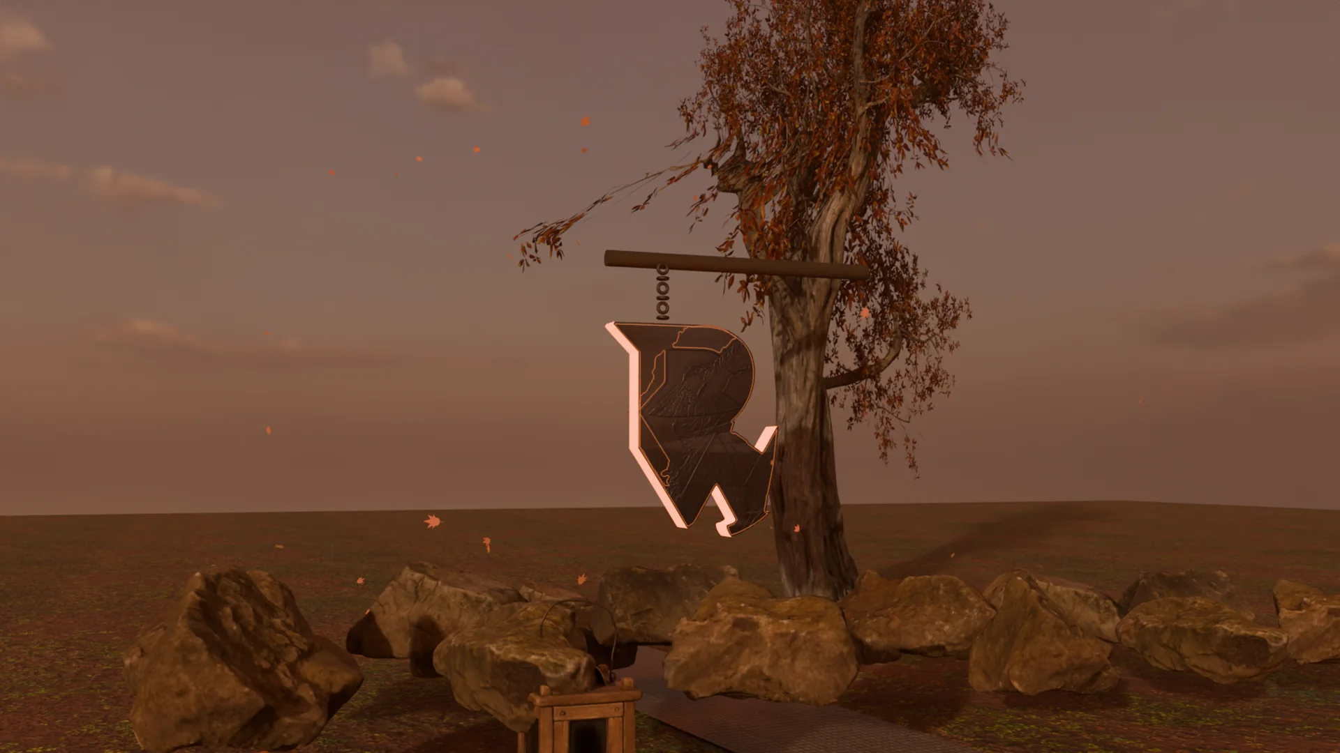 Prince Wildmarck — a forged emblem hanging from an ancient autumn tree at dusk